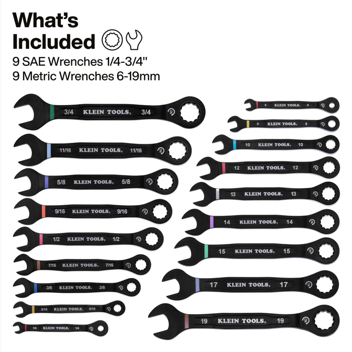 Ratcheting Combination Wrench Set, SAE / Metric, 18-Piece