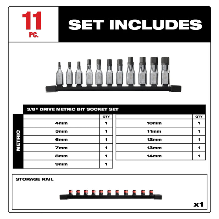 11pc 3/8" Drive Hex Bit Socket Set - Metric