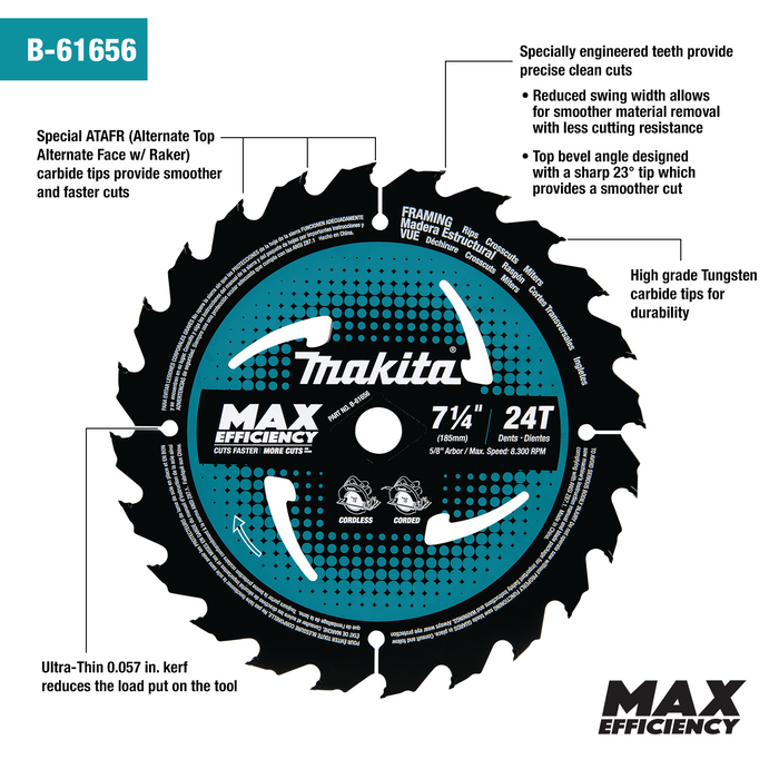7‑1/4" 24T Carbide‑Tipped Max Efficiency Circular Saw Blade, Framing, 10/pk
