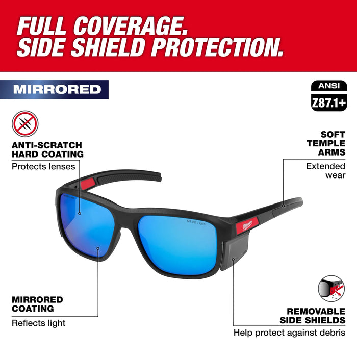Full Frame Safety Glasses with Removable Side Shields – Blue Mirrored Anti-Scratch Lenses