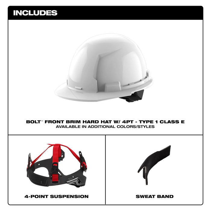 BOLT White Front Brim Hard Hat w/4pt Ratcheting Suspension (USA) - Type 1, Class E