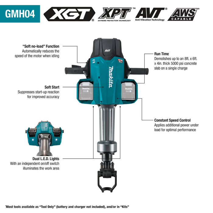 80V max (40V max X2) XGT® Brushless 70 lb. 1‑1/8" Hex AVT® Breaker Hammer Kit, AWS® Capable with 4 Batteries (8.0Ah)