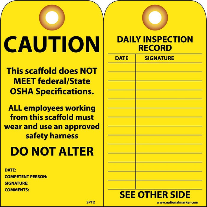 NMC Tags, Scaffold Inspection W/Grommet, 6" X 3", Yellow