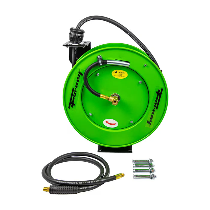 Forney 75462 Air Hose Reel, 3/8 in Hose, 50 ft L Hose, Auto-Retractable Winding, Steel