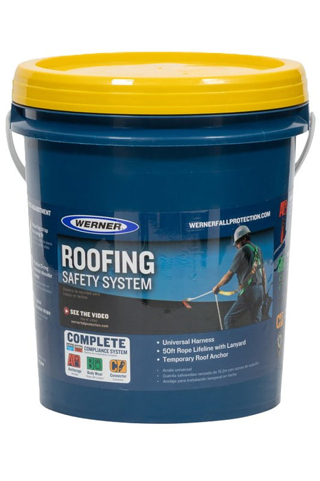 Werner Roofing Safety System, Premium Pass-Thru Buckle Harness, Back D-Ring, 50ft Lifeline, Anchor, Bucket