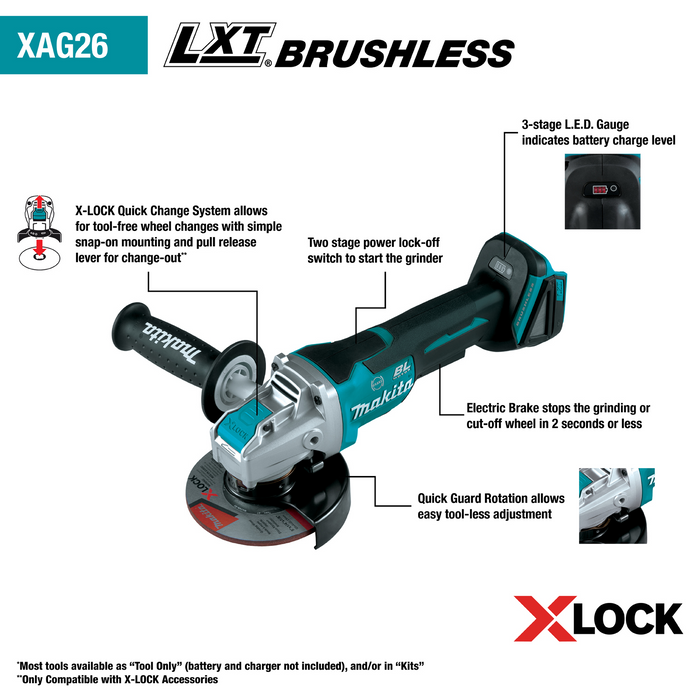 18V LXT® Lithium‑Ion Brushless Cordless 4‑1/2” / 5" Paddle Switch X‑LOCK Angle Grinder, with AFT®, Tool Only