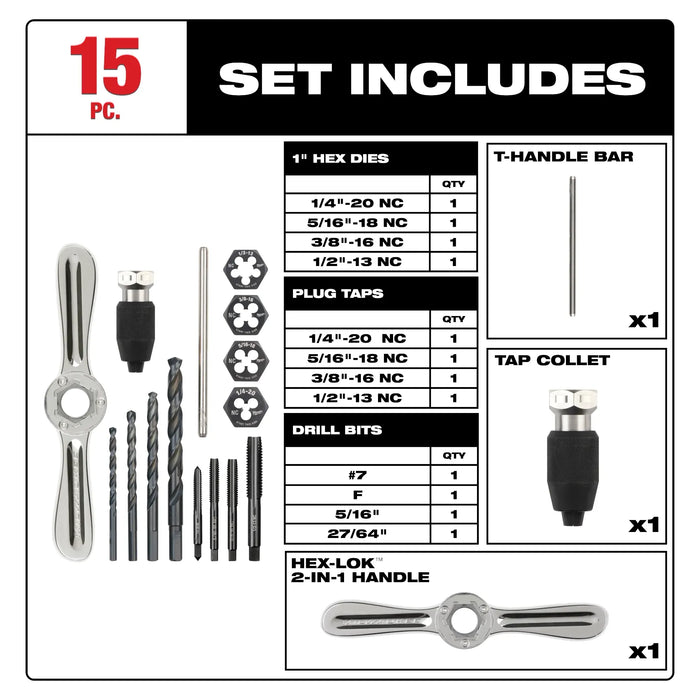 15PC SAE Tap and Die Set with Hex-LOK™ 2-in-1 Handle