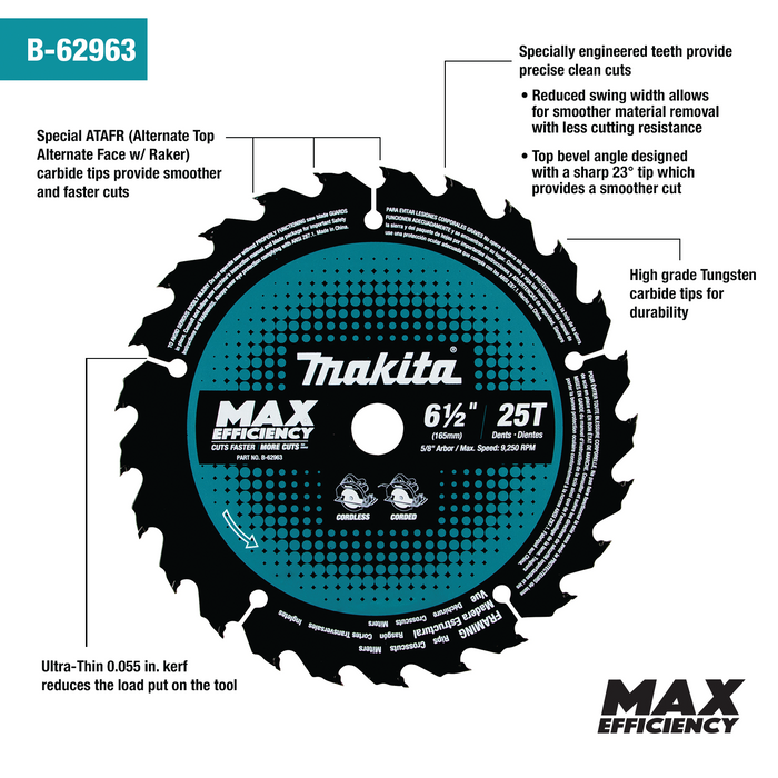 6‑1/2" 25T Carbide‑Tipped Max Efficiency Circular Saw Blade, Framing
