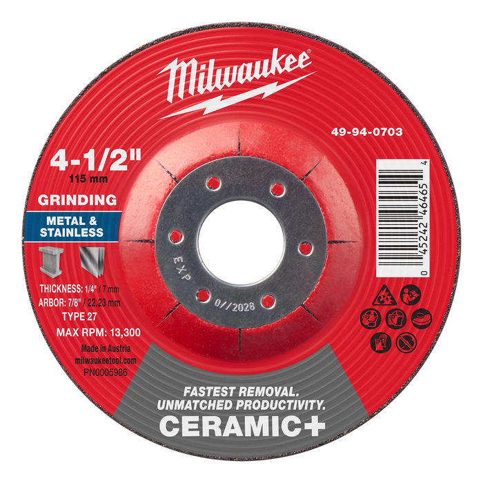 4-1/2" x 1/4" x 7/8" Ceramic+ Metal Grinding Wheel - Type 27