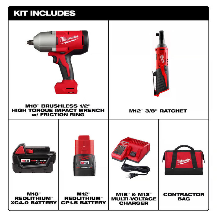 M12/M18 12/18V Lithium-Ion Cordless 3/8 in. Ratchet and 1/2 in. High Torque Impact Wrench with Friction Ring Combo Kit