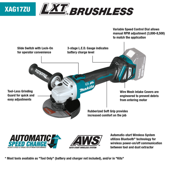 18V LXT® Lithium‑Ion Brushless Cordless 4‑1/2” / 5" Cut‑Off/Angle Grinder, with Electric Brake and AWS®, Tool Only