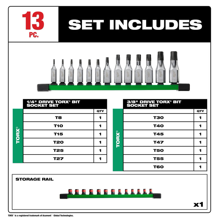 13pc 1/4" and 3/8" Drive TORX® Bit Socket Set