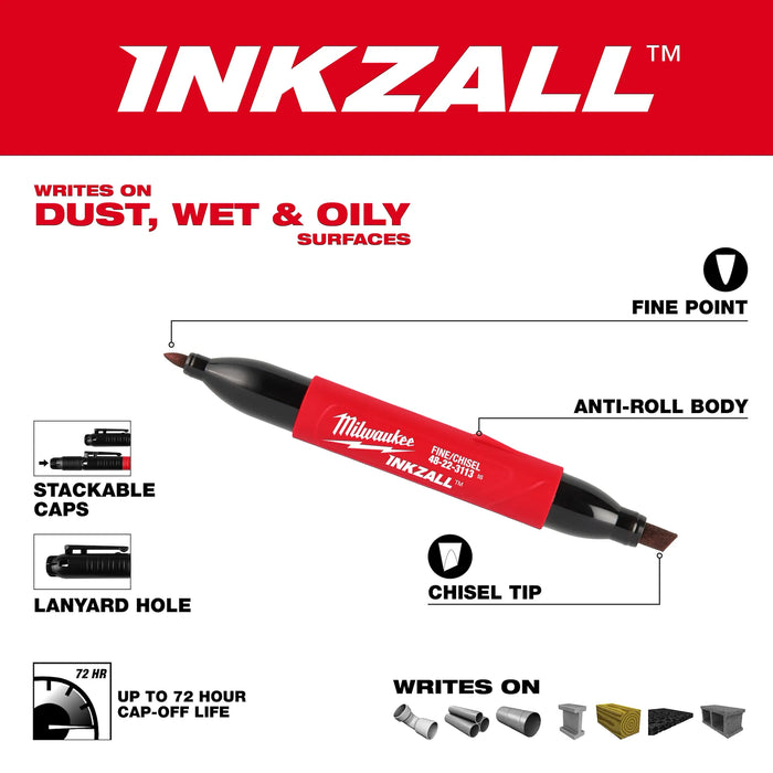 INKZALL™ Double Sided Black Jobsite Marker – Fine Point & Chisel Tip