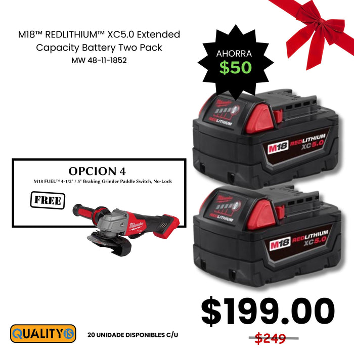 M18™ REDLITHIUM™ XC 5.0Ah Extended Capacity Battery Pack (2 Piece) + M18 FUEL™ 4-1/2" / 5" Braking Grinder Paddle Switch, No-Lock