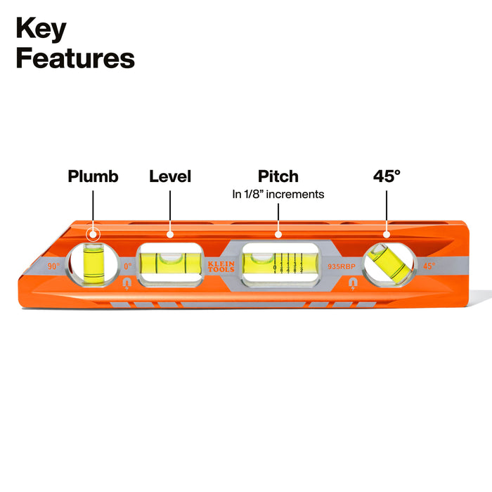 Magnetic Pitch Vial Torpedo Level, 4 Vial, 8-Inch