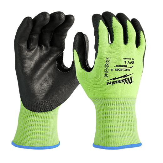 Large High Visibility Level 2 Cut Resistant Polyurethane Dipped Work Gloves