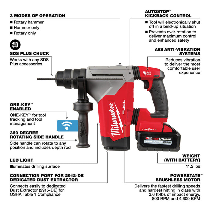 M18 FUEL™ 1-1/8" SDS Plus Rotary Hammer w/ ONE-KEY™ & HAMMERVAC™ Dedicated Dust Extractor Kit