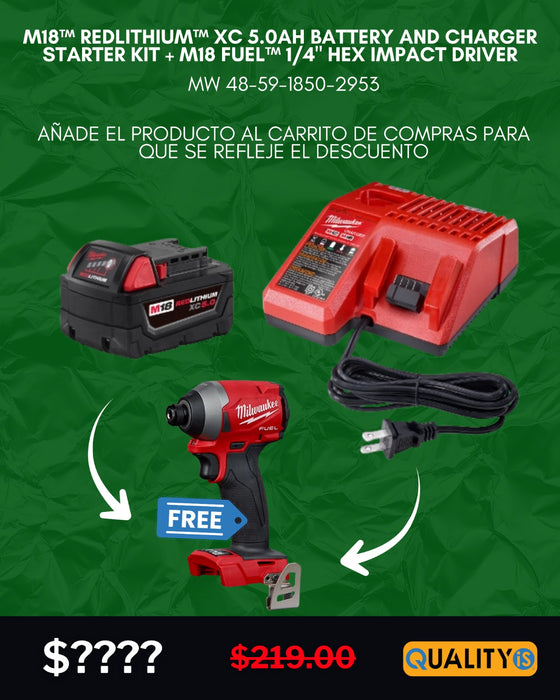 M18™ REDLITHIUM™ XC 5.0Ah Battery and Charger Starter Kit + M18 FUEL™ 1/4" Hex Impact Driver