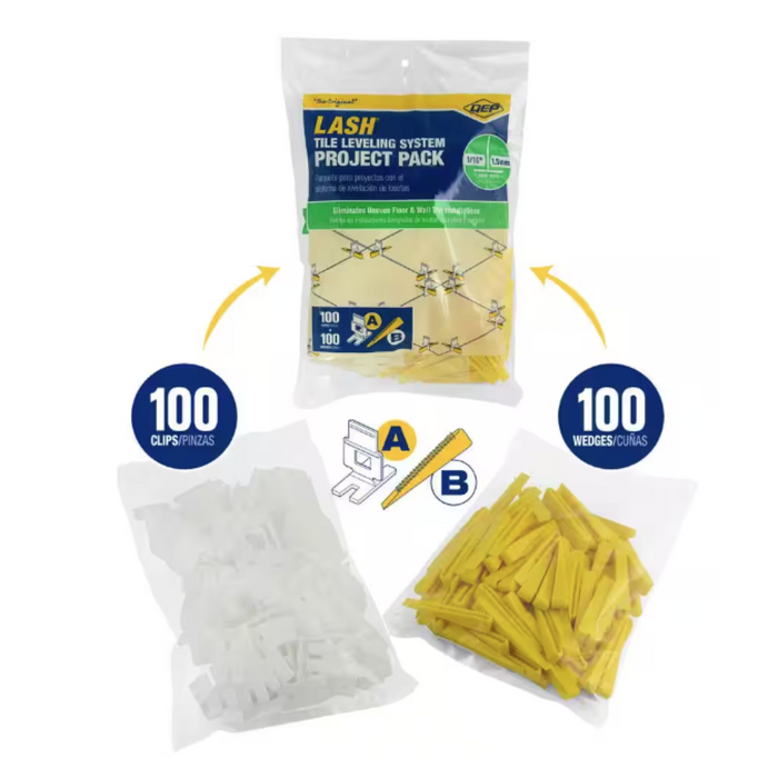 Project Pack Includes (100pc 1/16 flat tile leveling clips & 100pc leveling wedges )