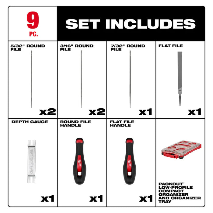 9pc Saw Chain Sharpening Set with PACKOUT™ Low-Profile Compact Organizer