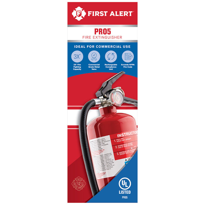 First Alert PRO5 Fire Extinguisher, 5 lb, Monoammonium Phosphate, 3-A:40-B:C Class, Wall