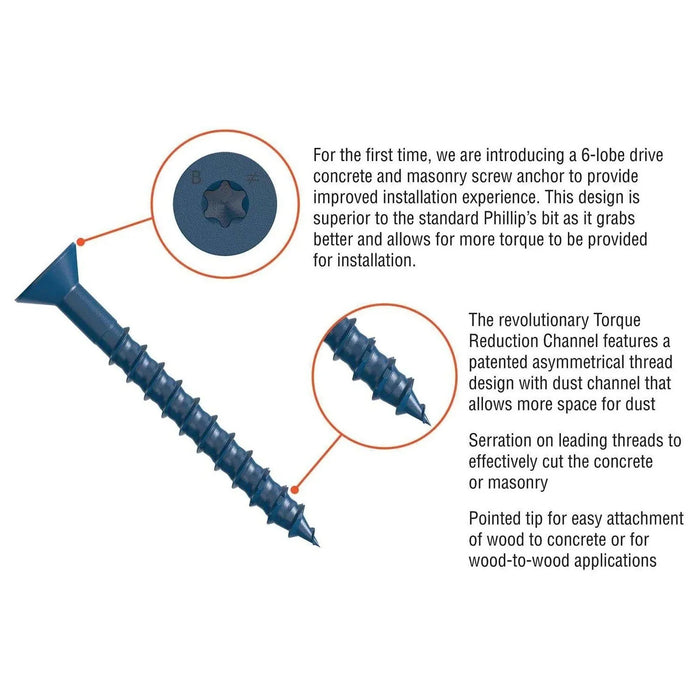 Titen Turbo™ — 3/16 in. x 1-1/4 in. Phillips Flat-Head Concrete and Masonry Screw, Blue (25-Qty)