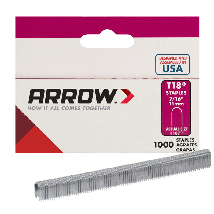 Arrow T18 Heavy Duty Wire Staples, 7/16" x 3/16", 1000ct