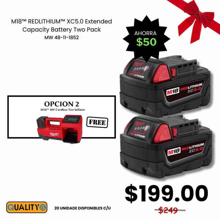 M18™ REDLITHIUM™ XC 5.0Ah Extended Capacity Battery Pack (2 Piece) + M18™ 18V Cordless Tire Inflator