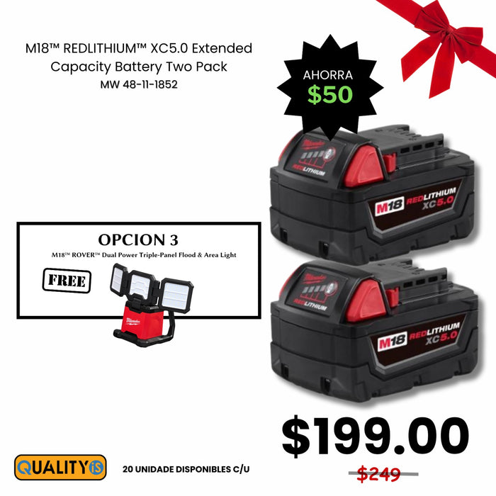 M18™ REDLITHIUM™ XC 5.0Ah Extended Capacity Battery Pack (2 Piece) + M18™ ROVER™ Dual Power Triple-Panel Flood & Area Light