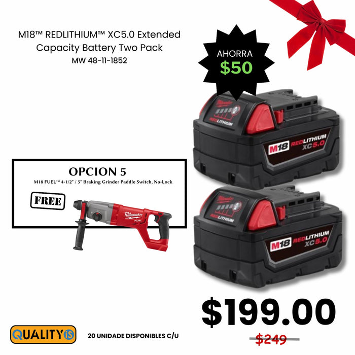 M18™ REDLITHIUM™ XC 5.0Ah Extended Capacity Battery Pack (2 Piece) + M18™ Brushless 1” SDS Plus D-Handle Rotary Hammer