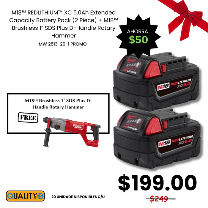 M18™ REDLITHIUM™ XC 5.0Ah Extended Capacity Battery Pack (2 Piece) + M18™ Brushless 1” SDS Plus D-Handle Rotary Hammer