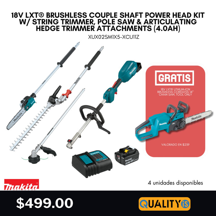 18V LXT® Lithium-Ion Brushless Cordless Couple Shaft Power Head Kit w/ 13" String Trimmer, 10" Pole Saw & 20" Articulating Hedge Trimmer Attachments (4.0Ah) + 18V LXT® Lithium‑Ion Brushless Cordless 14" Chain Saw, Tool Only