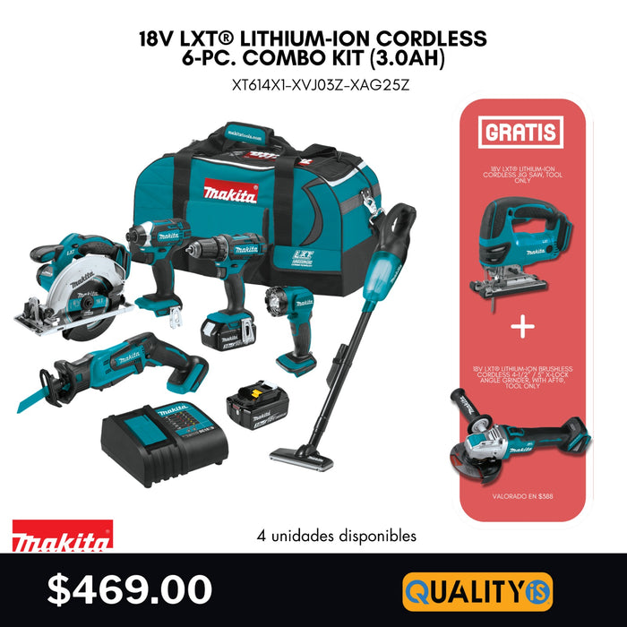 18V LXT® Lithium‑Ion Cordless 6‑Pc. Combo Kit (3.0Ah) + 18V LXT® Lithium‑Ion Cordless Jig Saw, Tool Only + 18V LXT® Lithium‑Ion Brushless Cordless 4‑1/2” / 5" X‑LOCK Angle Grinder, with AFT®, Tool Only