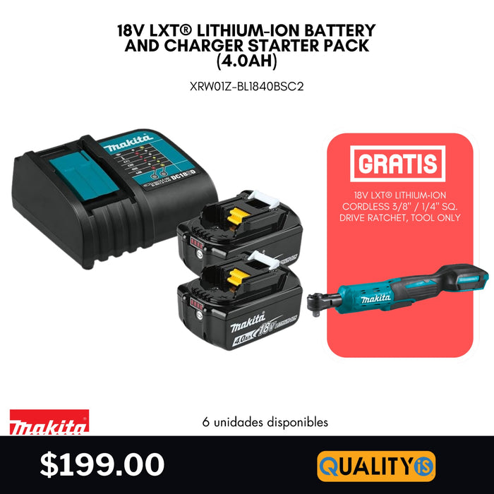 18V LXT® Lithium‑Ion Battery and Charger Starter Pack (4.0Ah) + 18V LXT® Lithium‑Ion Cordless 3/8" / 1/4" Sq. Drive Ratchet, Tool Only