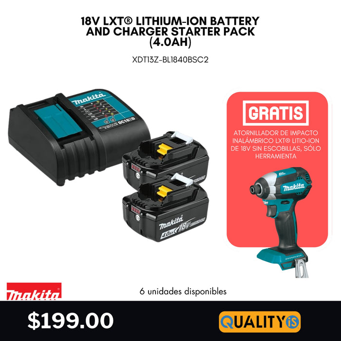 18V LXT® Lithium‑Ion Battery and Charger Starter Pack (4.0Ah) + 18V LXT® Lithium‑Ion Brushless Cordless Impact Driver, Tool Only