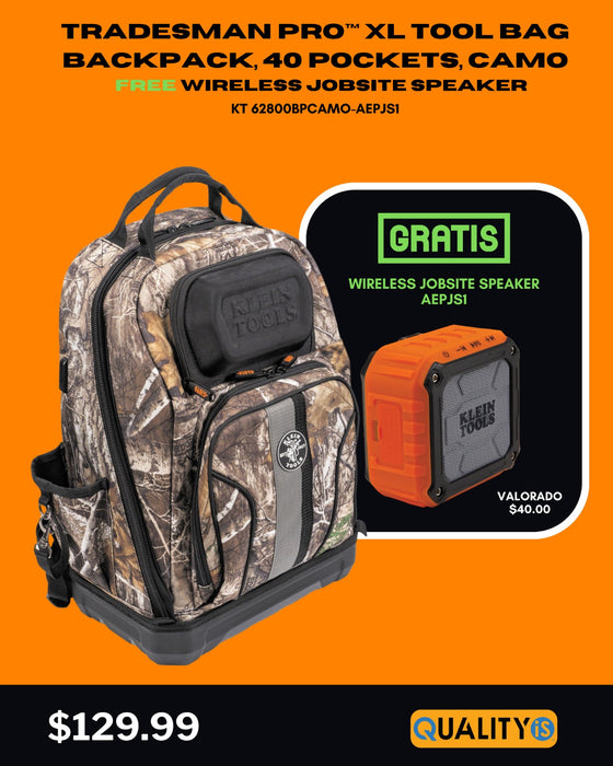 Tradesman Pro™ XL Tool Bag Backpack, 40 Pockets, Camo + Wireless Jobsite Speaker