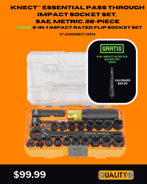 KNECT™ Essential Pass Through Impact Socket Set, SAE, Metric, 28-Piece + 9-in-1 Impact Rated Flip Socket Set