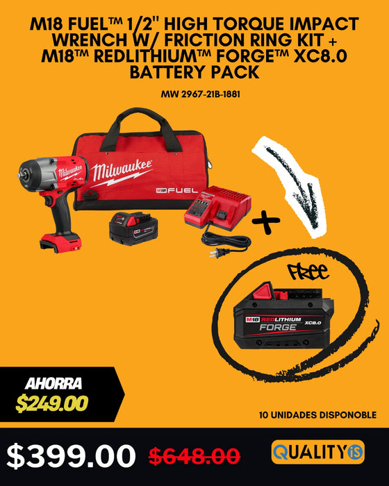 M18 FUEL™ 1/2" High Torque Impact Wrench w/ Friction Ring Kit + M18™ REDLITHIUM™ FORGE™ XC8.0 Battery Pack