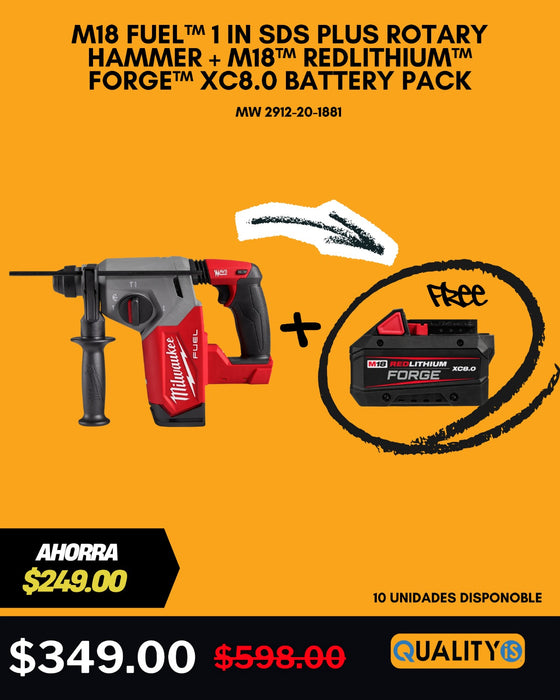M18 FUEL™ 1 in SDS Plus Rotary Hammer + M18™ REDLITHIUM™ FORGE™ XC8.0 Battery Pack