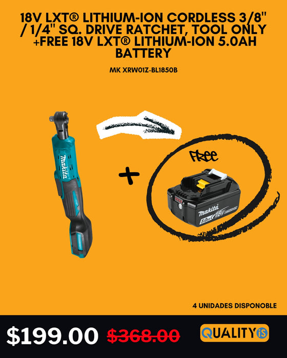 18V LXT® Lithium‑Ion Cordless 3/8" / 1/4" Sq. Drive Ratchet, Tool Only + 18V LXT® Lithium‑Ion 5.0Ah Battery