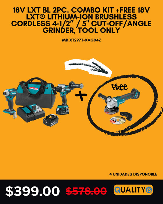 18V LXT® Lithium‑Ion Brushless Cordless 2‑Pc. Combo Kit (5.0Ah) + 18V LXT® Lithium‑Ion Brushless Cordless 4‑1/2” / 5" Cut‑Off/Angle Grinder, Tool Only