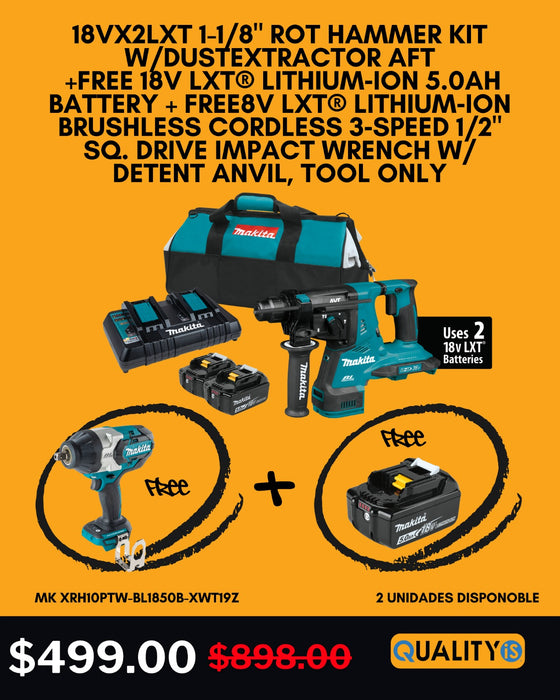 18VX2LXT 1-1/8" Rot Hammer Kit w/DustExtractor AFT, Free BL1850B, Free XWT19Z