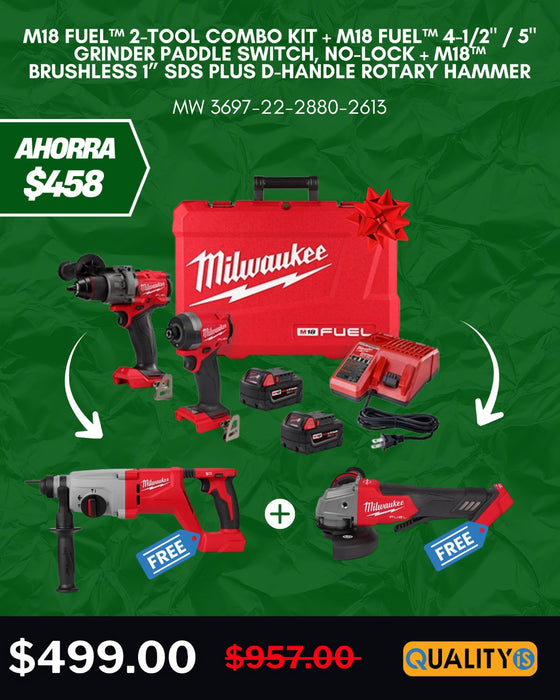 M18 FUEL™ 2-Tool Combo Kit + M18 FUEL™ 4-1/2" / 5" Grinder Paddle Switch, No-Lock + M18™ Brushless 1” SDS Plus D-Handle Rotary Hammer