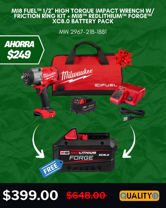 M18 FUEL™ 1/2" High Torque Impact Wrench w/ Friction Ring Kit + M18™ REDLITHIUM™ FORGE™ XC8.0 Battery Pack