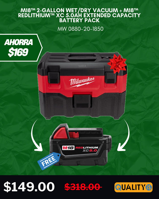 M18™ 2-Gallon Wet/Dry Vacuum + M18™ REDLITHIUM™ XC 5.0Ah Extended Capacity Battery Pack