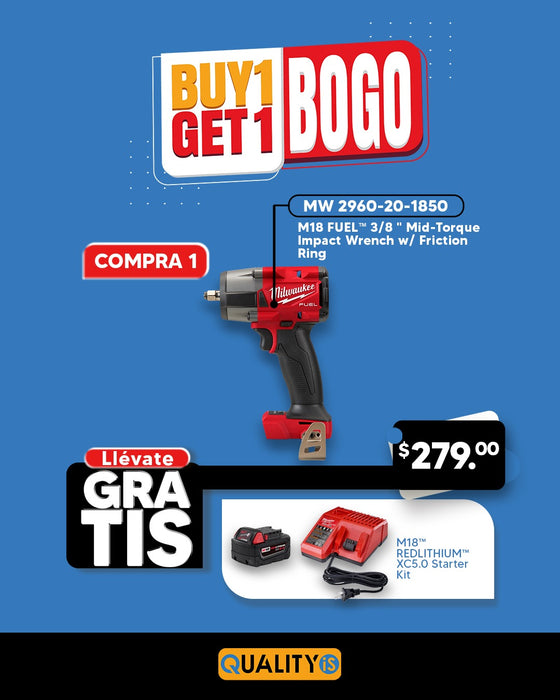 M18 FUEL™ 3/8 Mid-Torque Impact Wrench w/ Friction Ring + M18™ REDLITHIUM™ XC 5.0Ah Battery and Charger Starter Kit.