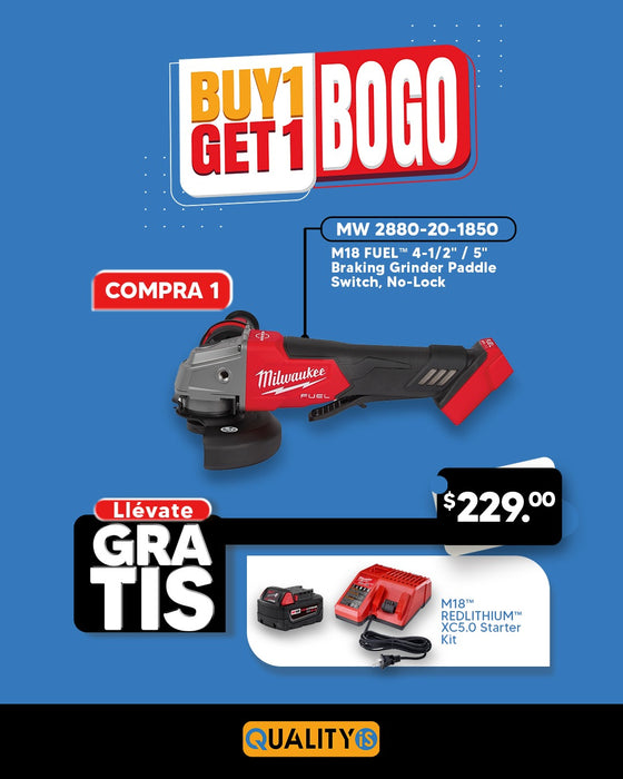 M18 FUEL™ 4-1/2" / 5" Braking Grinder Paddle Switch, No-Lock + M18™ REDLITHIUM™ XC 5.0Ah Battery and Charger Starter Kit
