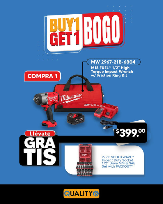 M18 FUEL™ 1/2" High Torque Impact Wrench w/ Friction Ring Kit + 27PC SHOCKWAVE™ Impact Duty Socket 1/2” Drive MM & SAE Set with PACKOUT™