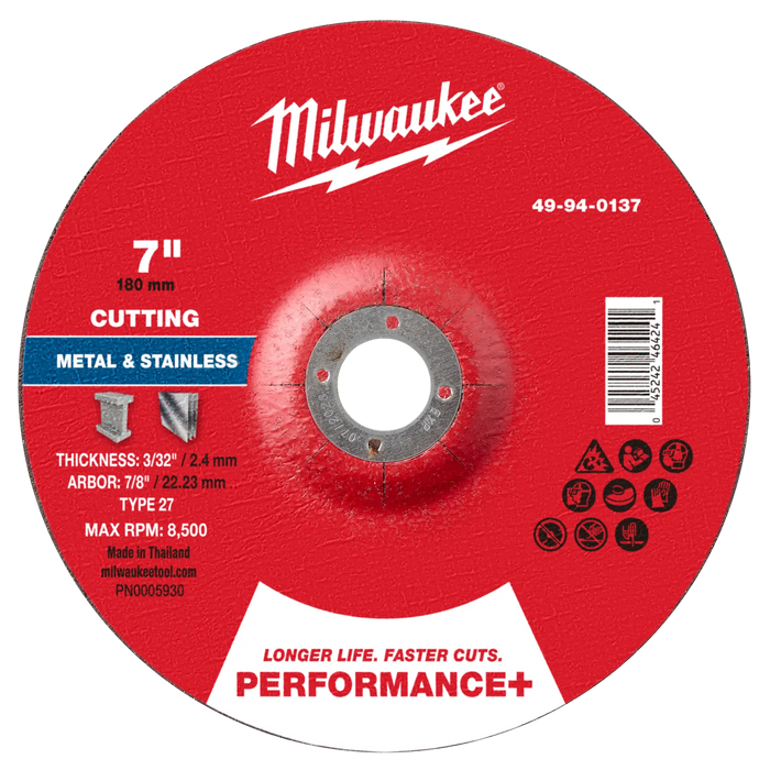 7" x 3/32" x 7/8" Performance+ Metal Cut Off Wheel - Type 27