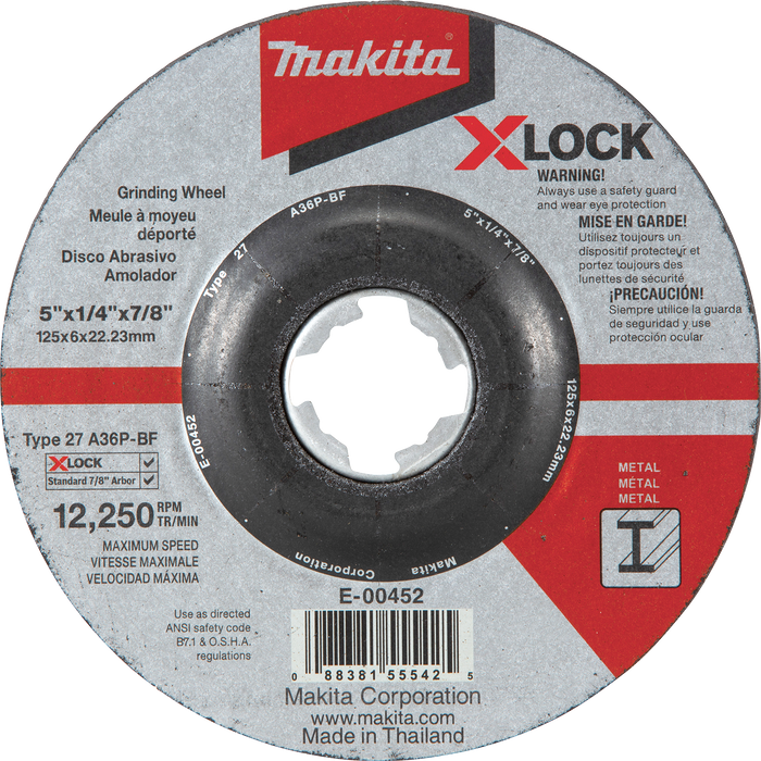 X‑LOCK 5" x 1/4" x 7/8" Type 27 General Purpose 36 Grit Metal Abrasive Grinding Wheel